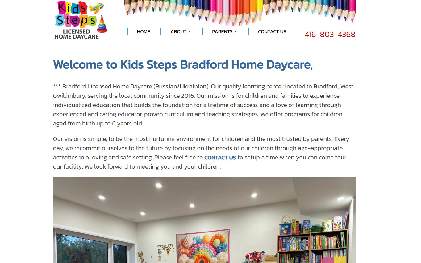 Screenshot of the Kids Steps Bradford Home Daycare website